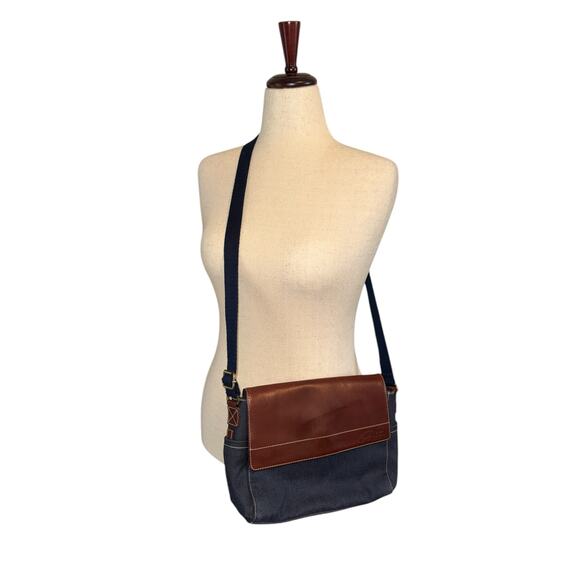 Fossil Denim and brown leather small messenger bag with adjustable crossbody - Picture 1 of 9